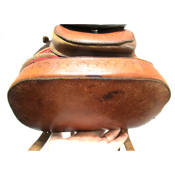 Artisan Handmade in Peru Multicolor Wool, Leather Backpack Purse - Picture 6 of 8